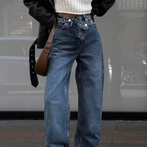 High Waist Asymmetrical Waist Split Straight Jeans