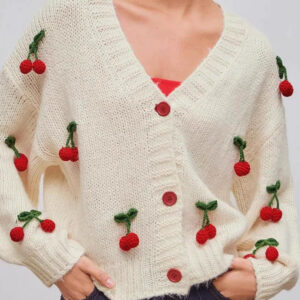 Cherry Embroidered Knit Cardigan Sweater