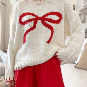 Bow Jacquard Knit Pullover Sweater