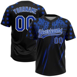 Custom Black Thunder Blue-White Distressed Scratch Brush Stroke Star Raglan Sleeves Two-Button Unisex Softball Jersey