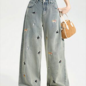 Cute Dog Embroidered Vintage Loose Jeans