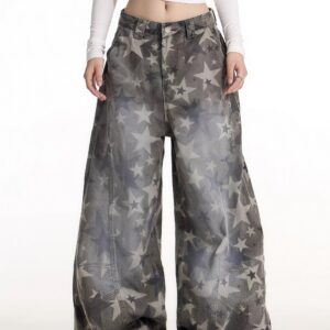 All Over Star Printed Wide Leg Jeans