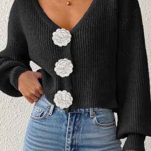 Button Front Crochet Knit Crop Sweater