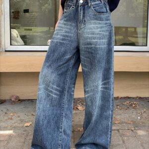 Vintage Washed Whisker High Waist Loose Jeans