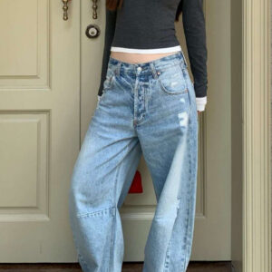 Chic Distressed Curved Wide Leg Vintage Washed Jeans